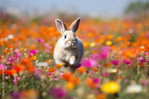 Easter bunny in the filed full of colorful flowers. 