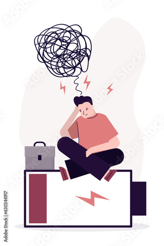 Tired businessman with empty battery. Burnout after difficulty office day or week. Unhappy employee with messy chaos in brain and without power energy. L