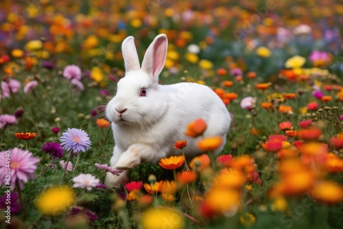 Easter bunny in the filed full of colorful flowers. 