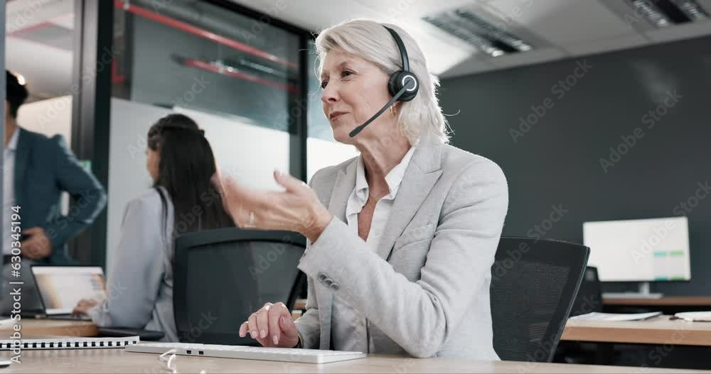 Support, talking and a mature woman in a call center for telemarketing, help or consulting. Happy, contact us and a senior customer service agent speaking for online advice and email in an office