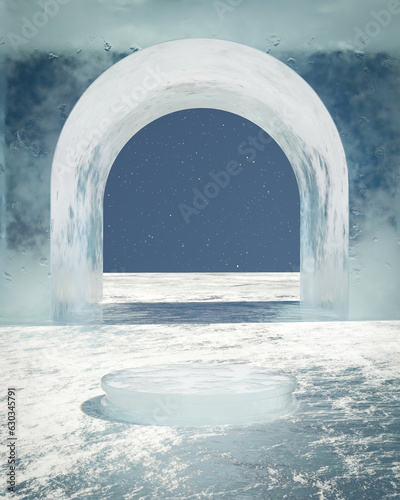 Abstact 3d render winter scene and Natural podium background, Ice podium on the frozen area, Backdrop ice arch for product display, advertising, cosmetic skincare or etc