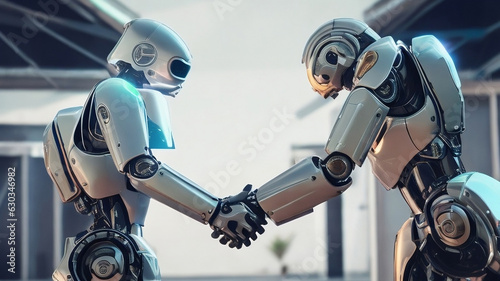 3D realistic Robots shaking hands. Robotic development, and Social virtual improvement between robots.