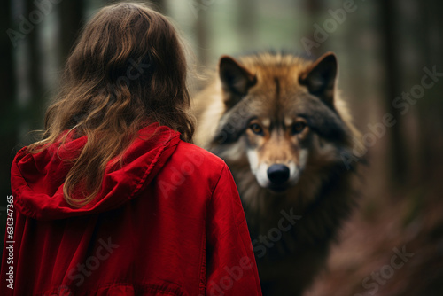 Back view of girl in red cloak with blurry wolk in forest background. Red riding hood fairytale photo