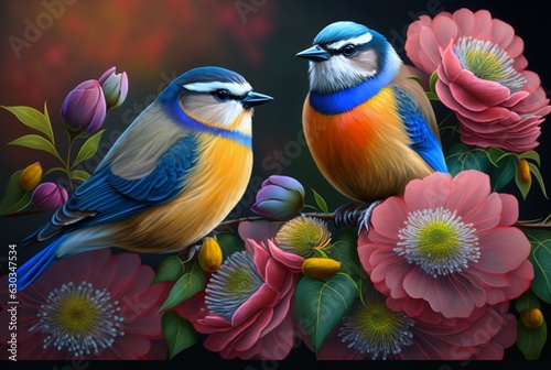 Two beautiful birds above the flowers. generative AI