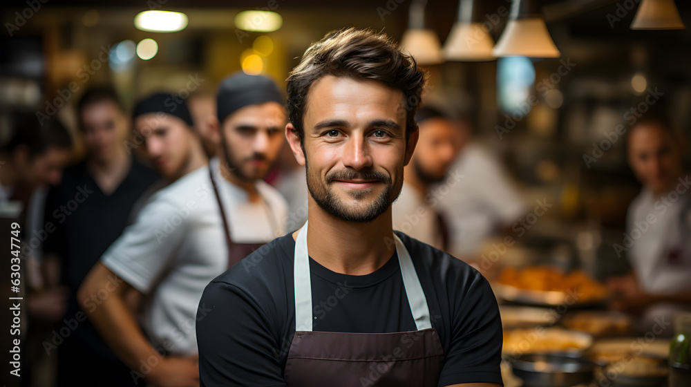 Chef at the kitchen. Chef standing confidently with his arms crossed looking at the camera with the team in the background. Generative AI