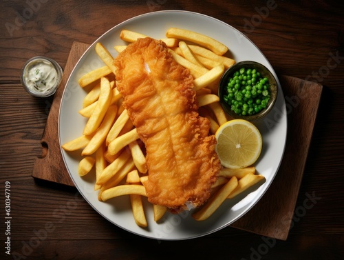 Cod an chips on a plate froma birdseye view