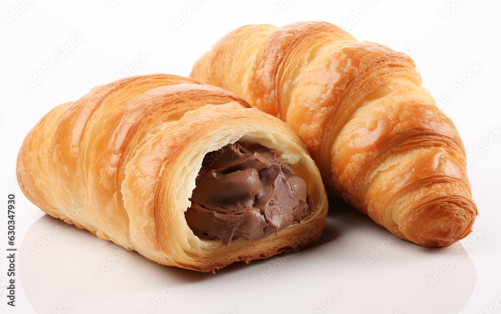 Delicious fresh croissant with chocolate filling isolated on white background
