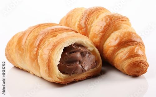 Delicious fresh croissant with chocolate filling isolated on white background