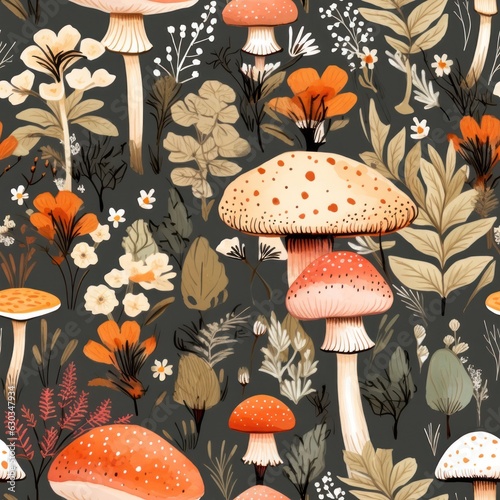 Watercolor seamless pattern with fall mushrooms, leaves and flowers, cute autumn forest watercolor illustration with a dark gray background, unique fall harvest graphic design