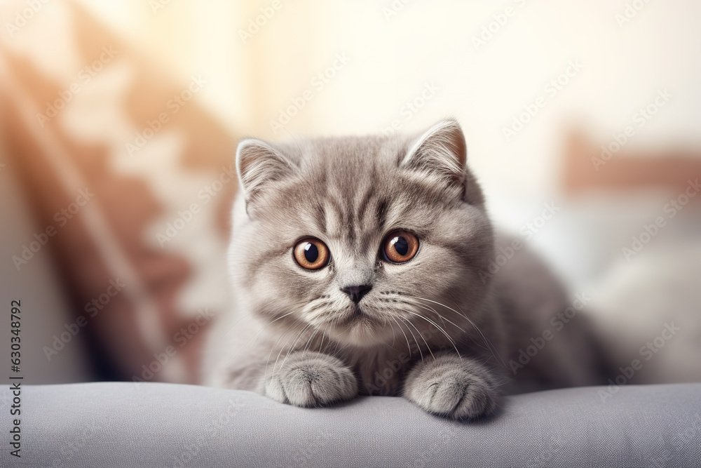 Image of cute scottish fold cat lying on sofa. Pet. animals. Illustration, Generative AI. Image of cute scottish fold cat lying on sofa. Pet. animals. Illustration, Generative AI.