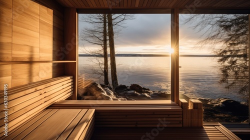 Front view of empty Finnish sauna room. Modern interior of wooden spa cabin with dry steam. © kardaska