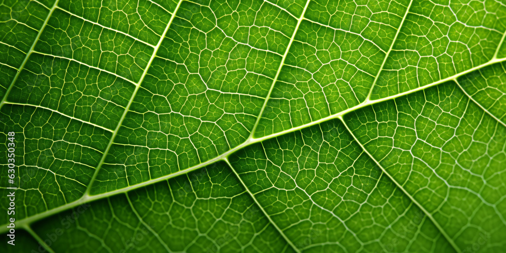 Close-Up Macro Shot of a Green Leaf with Prominent Vein Structure Close-Up Macro Shot of a Green Leaf with Prominent Vein Structure