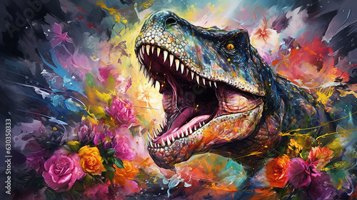  happy cute T-rex in flower blossom atmosphere golden oil paint abstract art