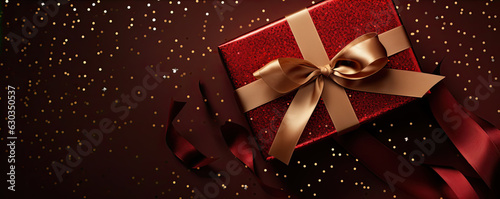 Detail on red gift or box in magical light. wide banner