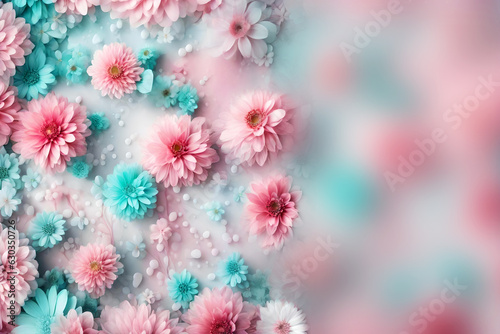 romantic floral background with pink and aquamarine daisy flowers and with copy space like beautiful flowery art with AI elements