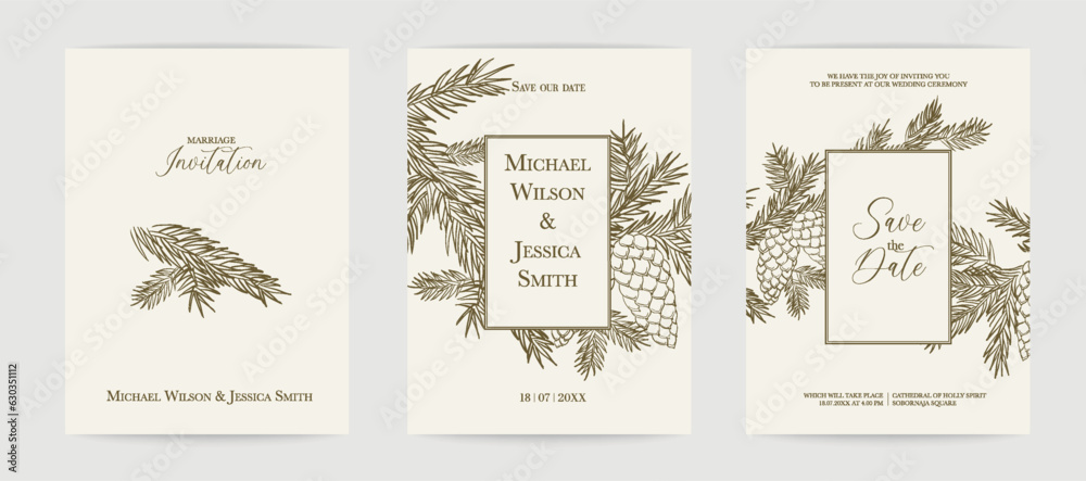 Marriage design template with custom names in frame with fir tree. Vector illustration. Marriage design template with custom names in frame with fir tree. Vector illustration.
