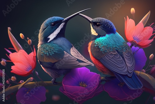 Two beautiful birds above the flowers. generative AI