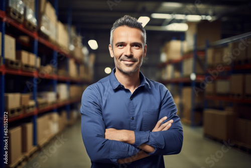 Smiling male supervisor in warehouse, arms crossed, looking at camera.