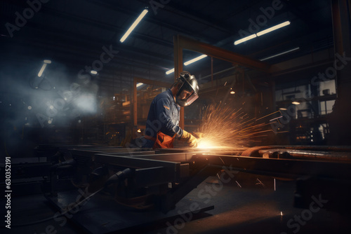 Engineering factory interior: Worker in safety uniform, cutting metal tube with angle grinder.