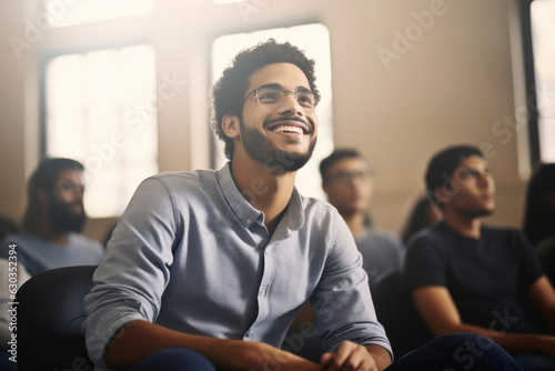Smiling male student in university classroom, attentive.