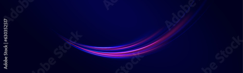 City light trails motion background. Abstract neon background with shining wires. Speed light streaks vector background with blurred fast moving light effect, blue purple colors on black.