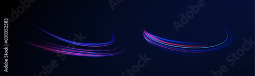 Long yellow and red way effect. City light trails motion background. Illustration of high speed concept. LED glare tape. Futuristic dynamic motion technology. 