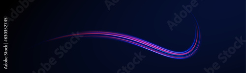Purple glowing wave swirl. Neon color glowing lines background, high-speed light trails effect. Magic of moving fast speed police lines. Red and blue glowing neon lights line. Particle motion effect. 