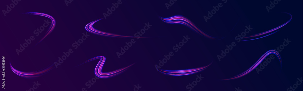 Neon light effect on a winding street. Speed light streaks vector background with blurred fast moving light effect, blue purple colors on black. Neon light effect on a winding street. Speed light streaks vector background with blurred fast moving light effect, blue purple colors on black.
