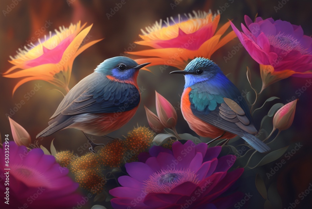 Two beautiful birds above the flowers. generative AI