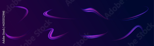 Neon light effect on a winding street. Speed light streaks vector background with blurred fast moving light effect, blue purple colors on black. 