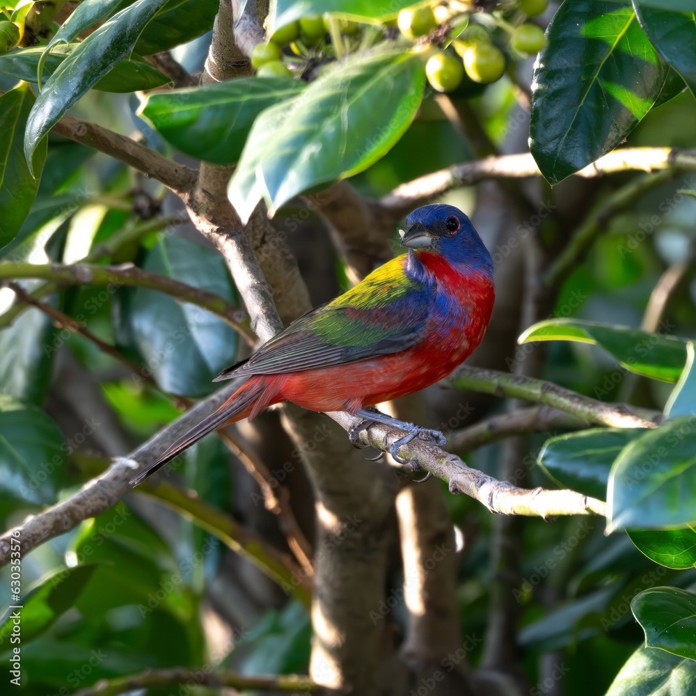 Painted Bunting in Holly Tree Painted Bunting in Holly Tree
