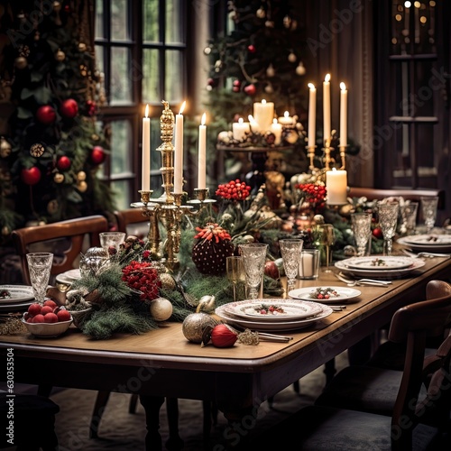 Christmas festive table setting with beautiful tablescapes of red decoration , evergreen branches, glass of champagne. Xmas dinner. Generative AI.