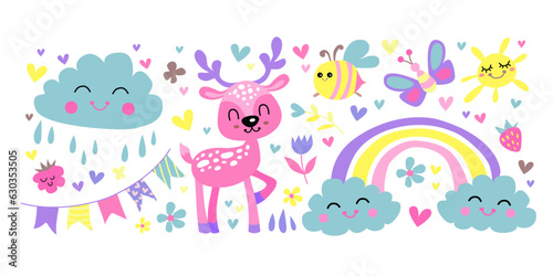 Cute stickers Flat. Vector set with animals, cloud and flowers. Colorful illustration isolated on a white background.