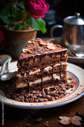 Shallow depth of field  with the cake in focus and background blurred  cake and coffee cup  Antique spoon  elegant coffee cup  and chocolate shavings.Created with Generative AI Technology. 