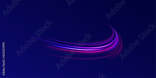 Long yellow and red way effect. City light trails motion background. Illustration of high speed concept. LED glare tape. Futuristic dynamic motion technology. 