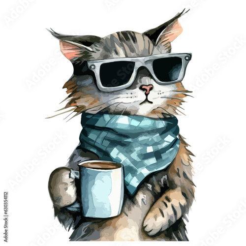 cool cat holding a coffee mug watercolor illustration