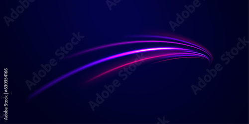  Fast speed car. Long yellow and red way effect. City light trails motion background. Illustration of high speed concept. Curved light trail stretched upward. Vector Illustration.
