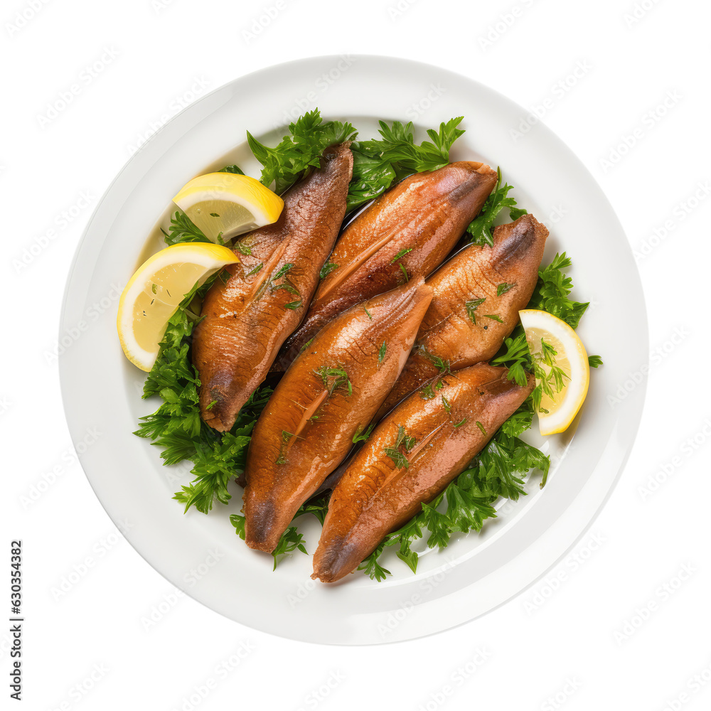 Kippers British Cuisine On White Plate On Isolated Transparent Background, Png