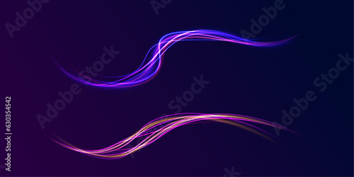 Colored shiny sparks of spiral wave. Curved bright speed line swirls. Shiny wavy path. Abstract neon background with shining wires. 