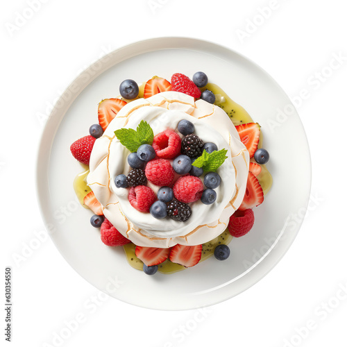 Pavlova Australian Cuisine On White Plate On Isolated Transparent Background, Png
