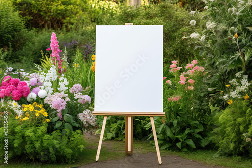 Foto A  white blank easel with summer  garden with flowers around, easel mock up