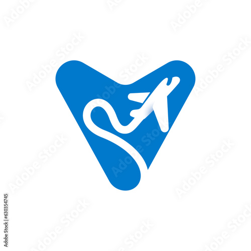 Letter V logo with airplane trail. Negative space style icon. Plane navigator pointer. Vector typeface for airline identity, travel app, journey posters, jet company, and shipping advertising.
