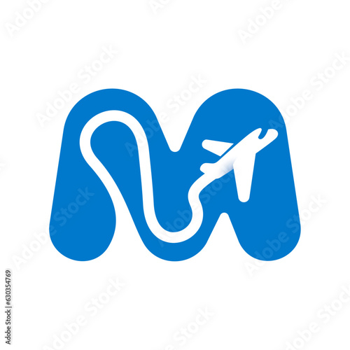 Letter M logo with airplane trail. Negative space style icon. Plane navigator pointer. Vector typeface for airline identity, travel app, journey posters, jet company, and shipping advertising.