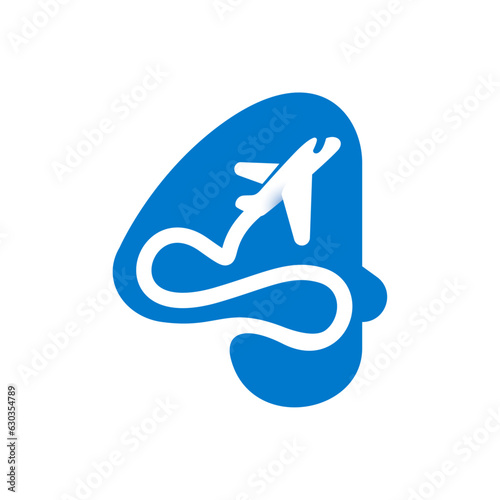 4 logo. Number four with airplane trail. Negative space style icon. Plane navigator pointer. Vector typeface for airline identity, travel app, journey posters, jet company, and shipping advertising.