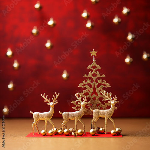 Christmas reindeer with bells next to a Christmas tree for a Christmas card with free space to add text red background © Arif