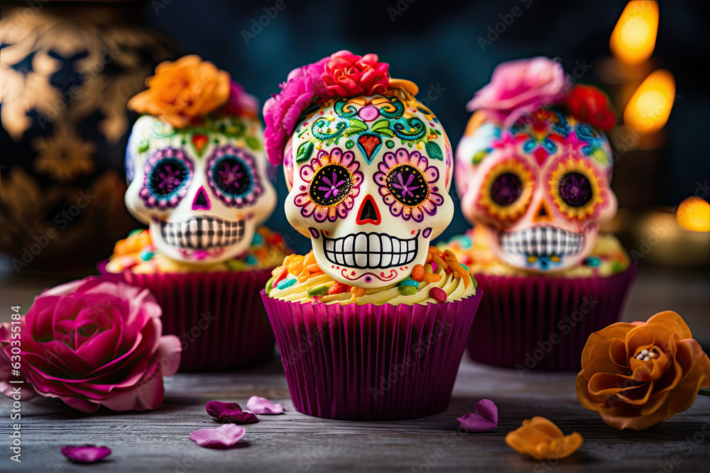 Dia de Muertos-themed sugar skull cupcakes with colourful floral decorations
