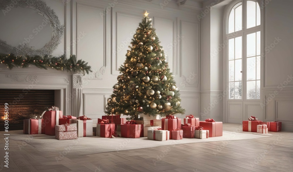Christmas tree with presents in front of a grey background 3d rendering