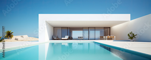 Modern clean minimalistic house with swimming pool and blue sky in summer day. Vacation best property. © Michal