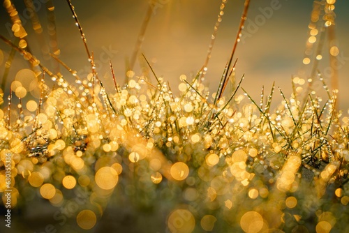 Grass with dew drops, blurred background in eco style with green