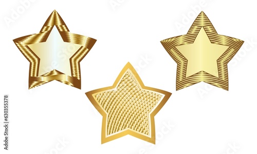 gold decorative isolated five-pointed stars. yellow-brown shiny badges. set. postcard. template.